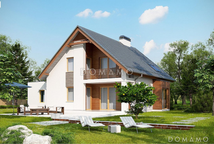 Проект одноэтажного дома из газобетона с мансардным этажом с прямоугольным эркером, балконом и пристроенным гаражом