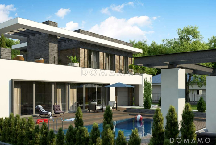 Проект современного двухэтажного дома из кирпича с панорамным остеклением и просторной террасой на втором этаже