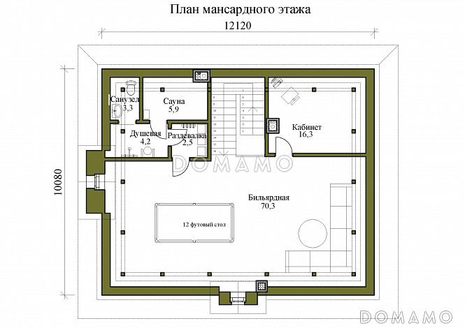 Проект двухэтажного дома с бильярдной и мансардой / План мансардного этажа