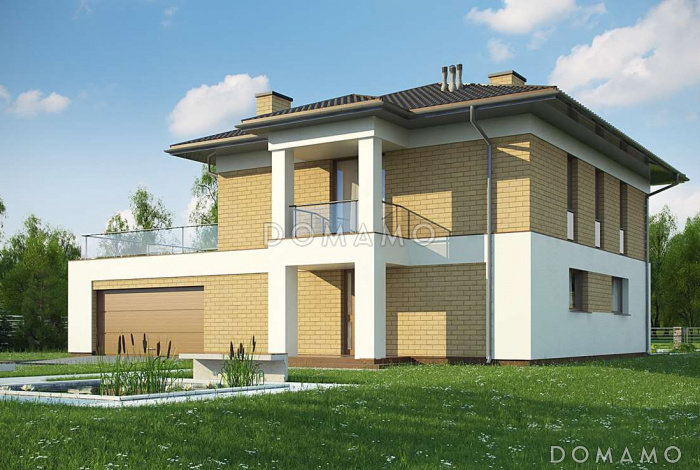 Проект современного двухэтажного дома из газобетона балконом, лоджией и открытой террасой над двухместным гаражом