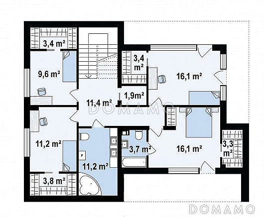 Проект современного двухэтажного дома из газобетона с плоской крышей, с четырьмя комнатами, гаражом и угловой лоджией / План 2 этажа