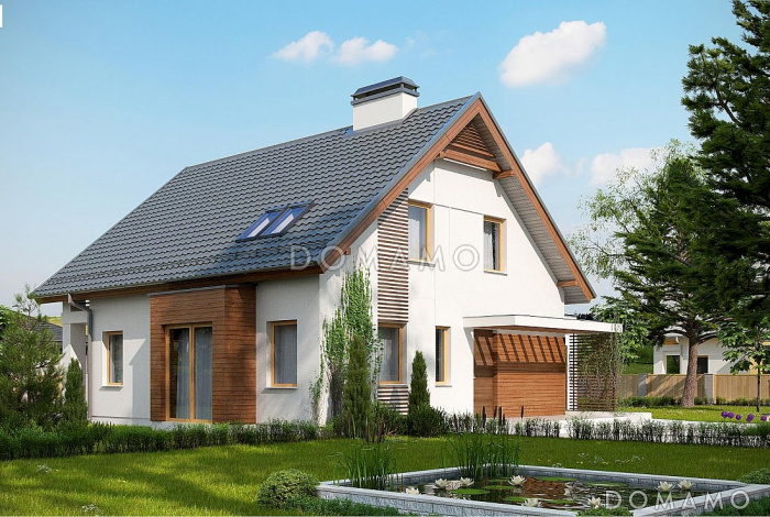 Проект одноэтажного дома из кирпича с мансардным этажом с прямоугольным эркером, балконом и пристроенным гаражом