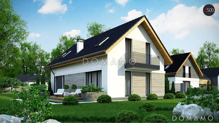 Проект одноэтажного мансардного дома из газобетона с кабинетом, балконом и гаражом