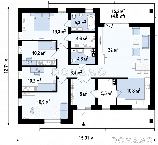 Проект одноэтажного дома из газобетона с тремя спальнями и кабинетом / План 1 этажа