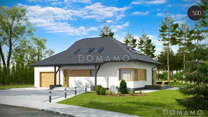 Проект просторного одноэтажного мансардного дома из кирпича с кабинетом, гаражом и комнатой над ним, улучшенная версия