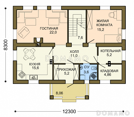 Проект уютного загородного дома из SIP панелей с ажурным крыльцом под зеленой крышей / План 1 этажа