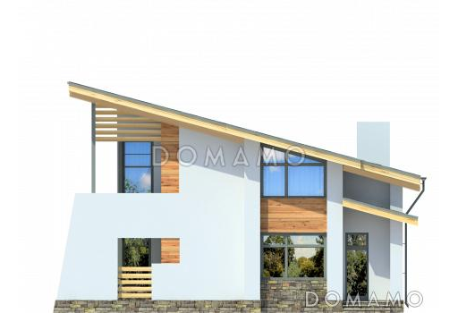 Проект дома с односкатной крышей, панорамными окнами, кухней с выступом для рабочей зоны, просторной гостиной, двумя балконами / Фасад 3