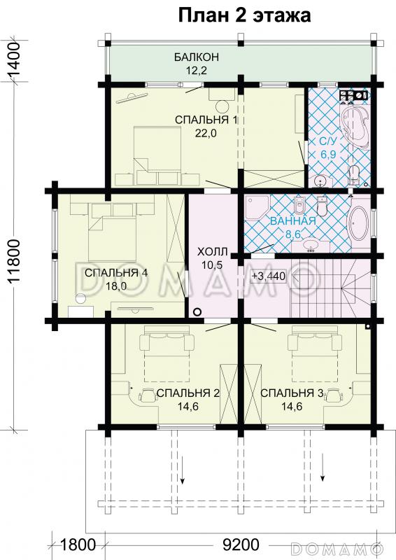 Проект дома из бруса с большой крытой террасой / План мансардного этажа