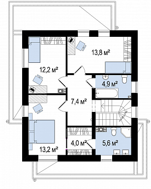 Проект современного двухэтажного дома из газобетона с плоской крышей, четырьмя комнатами и угловым остеклением гостиной / План 2 этажа