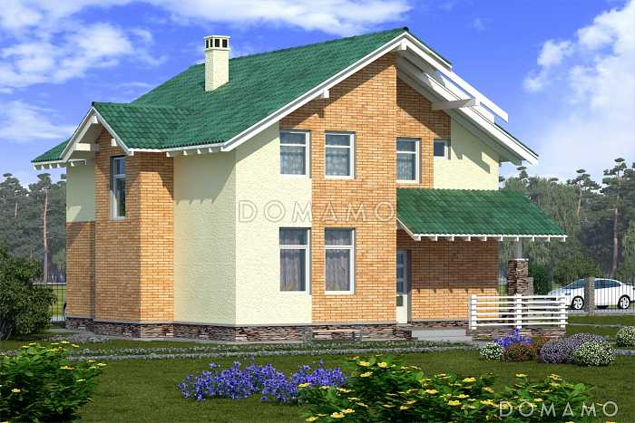 Проект коттеджа с зеленой крышей и желтыми кирпичными вставками