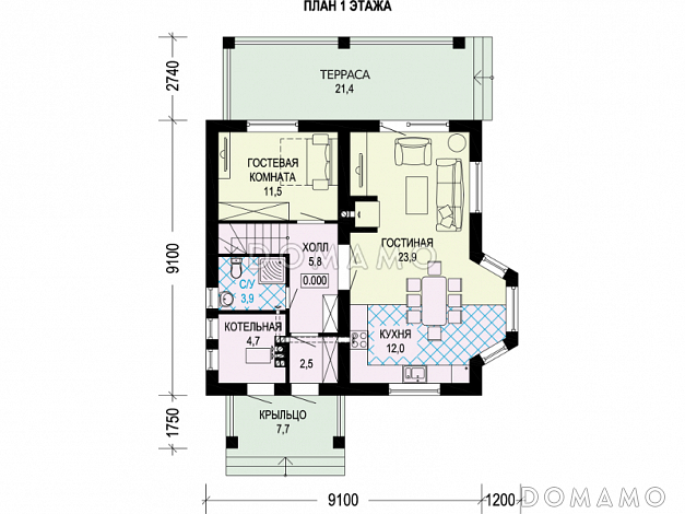 Проект дома с эркером в кухне, террасой, гостевой комнатой на первом этаже / План 1 этажа