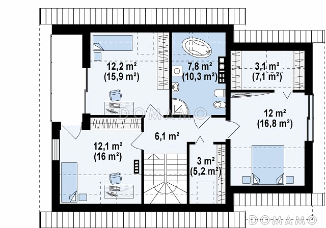 Проект одноэтажного мансардного дома из газобетона с большой гостиной, гаражом и частично крытой террасой / План мансардного этажа