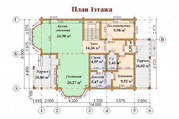 Проект дома из клееного бруса с мансардными окнами / План 1 этажа