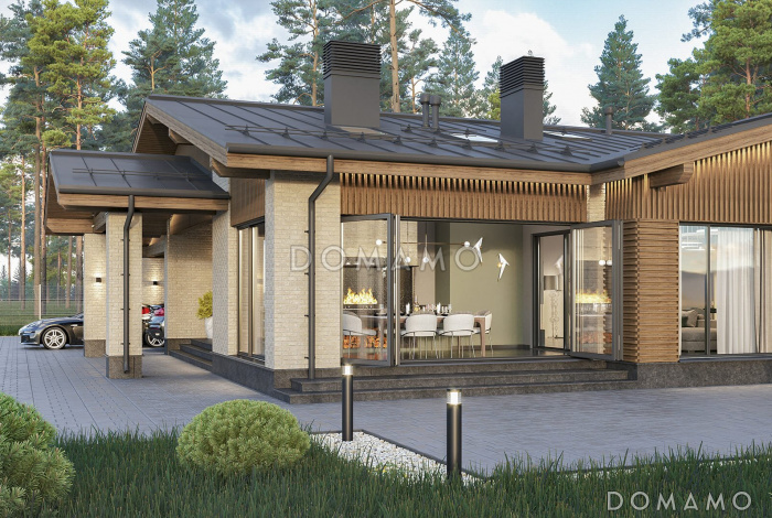 Проект дома с террасами, зоной барбекю, приватной зоной и просторной гостиной-кухней-столовой