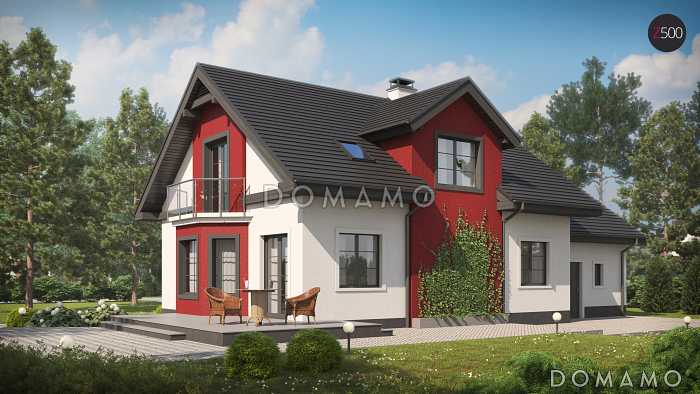 Проект одноэтажного мансардного дома из кирпича с кабинетом, эркером, балконом над ним и гаражом