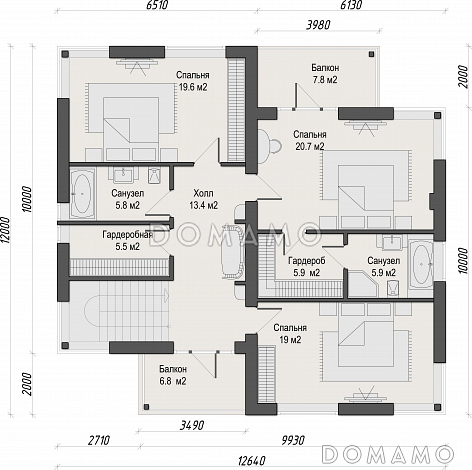 Проект двухэтажного кирпичного дома с двумя балконами на втором этаже / План 2 этажа