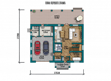 Проект двухэтажного дома с большой террасой и гаражом / План 1 этажа