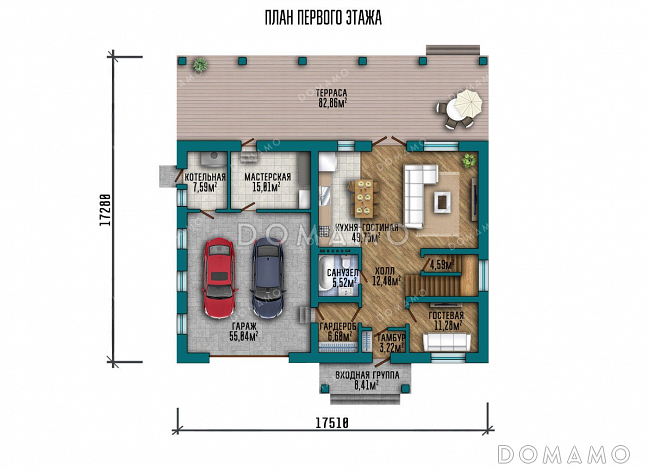 Проект двухэтажного дома с большой террасой и гаражом / План 1 этажа