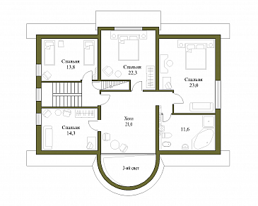 Проект трёхэтажного коттеджа с башенкой и пандусом / План мансардного этажа