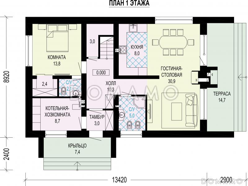 Проект дома барнхаус из керамоблока со вторым светом, библиотекой и лаунж-зоной / План 1 этажа