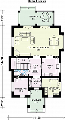 Проект двухэтажного дома с небольшой изолированной кухней / План 1 этажа