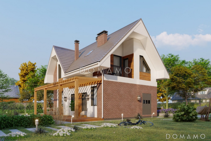 Проект дома с мансардой, балконом, террасой и сауной