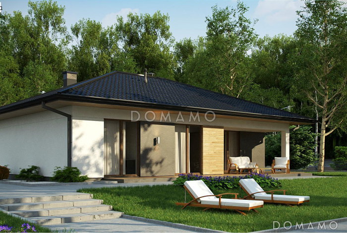 Проект одноэтажного дома с функциональной планировкой, светлыми помещениями, хозяйской спальней, гостиной с камином