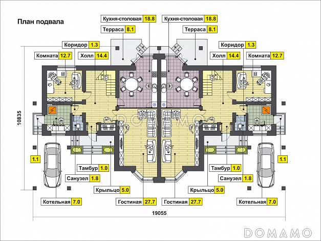 Проект дома с эркером в гостиной, комнатой на первом этаже, террасой, балконом, чердаком / План 1 этажа