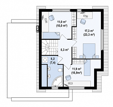 Проект современного одноэтажного мансардного дома из кирпича с тремя комнатами, угловой террасой и гаражом / План мансардного этажа