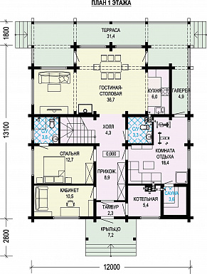 Проект дома из бруса с 4 спальнями, кабинетом и сауной / План 1 этажа