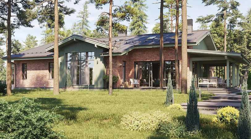 Проект современного дома с террасой и верандой, 3 спальнями, хамамом и навесом для автомобилей