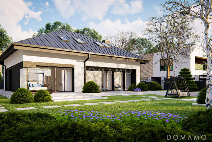 Проект загородного дома с мансардой, гаражом на одну машину, кладовой на кухне