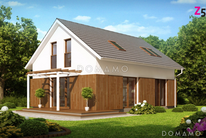 Проект одноэтажного мансардного дома из газобетона с навесом для автомобиля