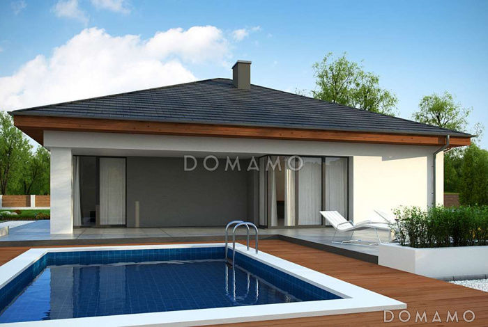 Проект комфортного одноэтажного дома из кирпича с тремя спальнями и пристроенным гаражом на два автомобиля