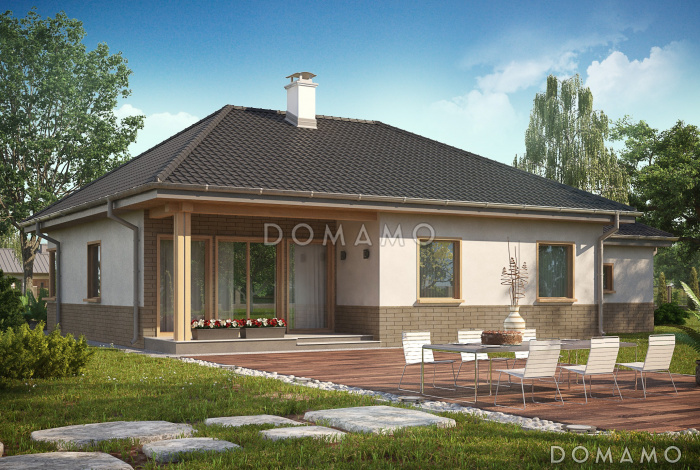 Проект одноэтажного дома из кирпича с тремя спальнями, угловым окном в кухне и гаражом