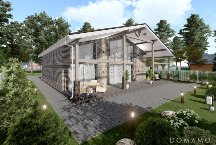 Проект большого дома с сауной, хамамом, двусветной гостиной и навесом на 2 авто