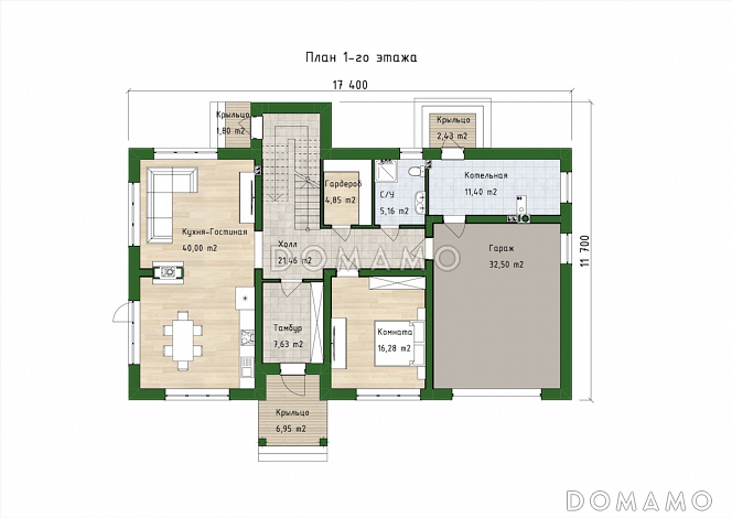 Проект двухэтажного дома из газобетона с 5 спальнями, сауной и гаражом на 1 машину / План 1 этажа