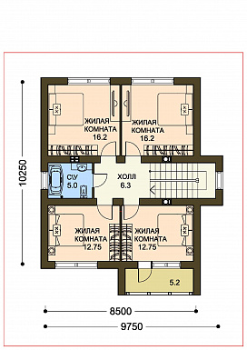 Проект коттеджа с пятью спальнями, коричневой крышей и белыми оштукатуренными стенами / План 2 этажа
