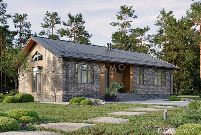 Проект прямоугольного одноэтажного дома с двухскатной фальцевой кровлей, вторым светом и классической отделкой облицовочным кирпичом и планкеном