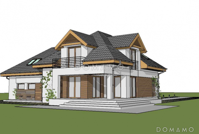 Проект одноэтажного мансардного дома из газобетона с кабинетом, гаражом на два автомобиля и комнатой над гаражом