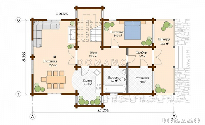 Проект современного дома из клееного бруса с односкатной крышей / План 1 этажа