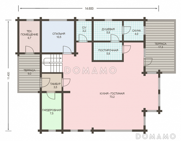 Проект деревянного дома из клееного бруса с большой совмещенной гостиной с кухней / План 1 этажа