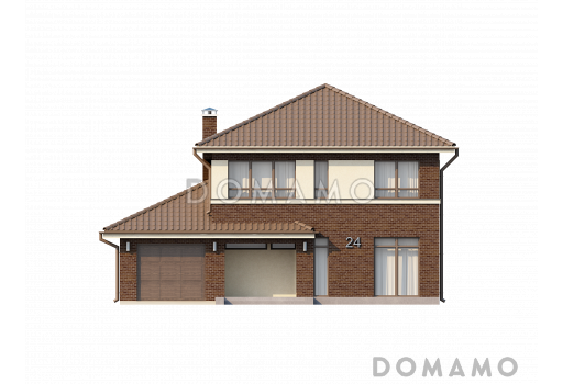 Проект современного двухэтажного дома из кирпича с четырьмя спальнями, кабинетом и пристроенным гаражом / Фасад 1