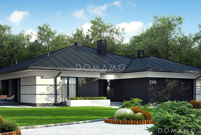 Проект одноэтажного дома с подвалом, гаражом на две машины, панорамным остеклением  гостиной