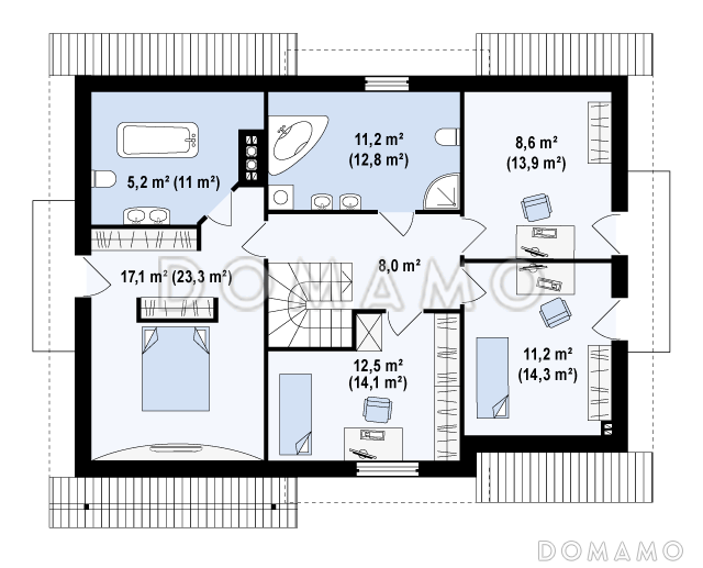 Проект одноэтажного мансардного дома из кирпича с балконом, с четырьмя спальнями и встроенным гаражом / План мансардного этажа
