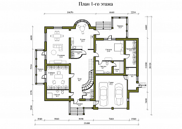 Проект просторного двухэтажного дома с эркером, двумя террасами и гаражом на 2 места / План 1 этажа