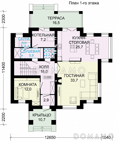 Проект дома из СИП панелей с сауной и тремя спальными комнатами / План 1 этажа