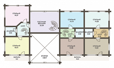 Проект двухэтажного дома из клееного бруса с шестью спальнями и гостиной на втором этаже / План мансардного этажа