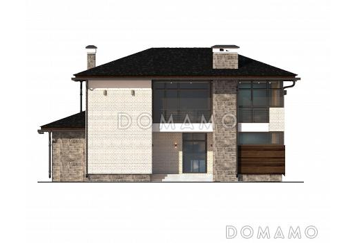 Проект дома с летней кухней на крытой террасе, спальней на первом этаже, просторной столовой-гостиной, хозблоком, французским балконом в кабинете и спальне на втором этаже / Фасад 2