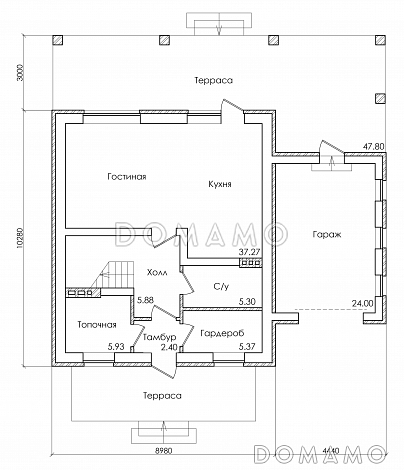 Проект коттеджа с мансардным этажом, гаражом и большой террасой / План 1 этажа